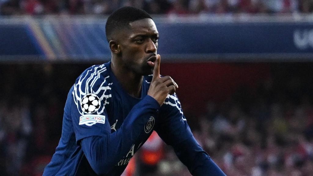 Ousmane Dembélé celebra su gol en la ida contra el Arsenal