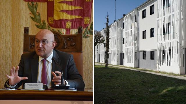 Imagen de Jesús Julio Carnero este lunes y de algunas de las viviendas ya rehabilitadas en el barrio 29 de octubre