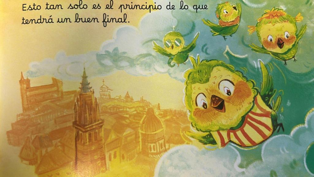 Ilustración de libro con la Catedral de Toledo al fondo.