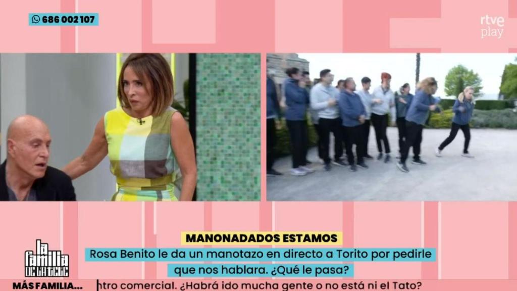 María Patiño reacciona al manotazo de Rosa Benito.