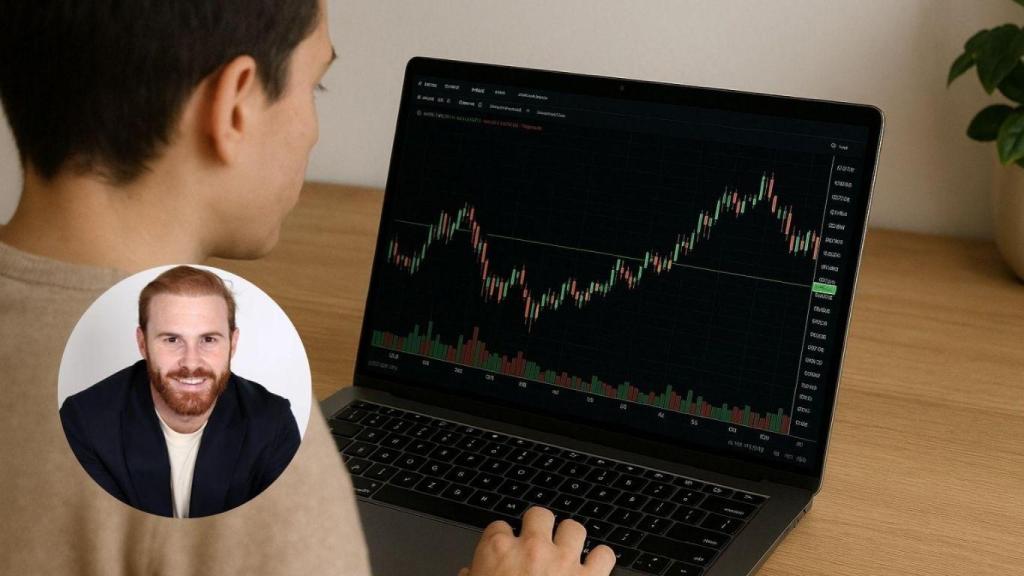 Montaje con persona invirtiendo en bolsa y Antonio Rivas, experto en ahorro e inversiones.