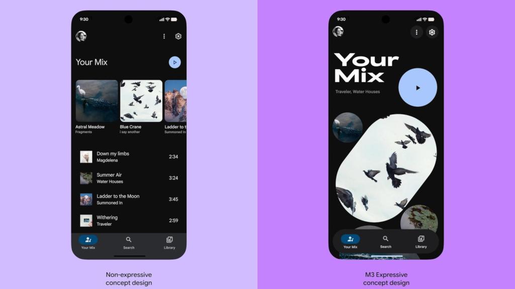 La nueva barra flotante de Android (der.) introducida con Material 3 Expressive