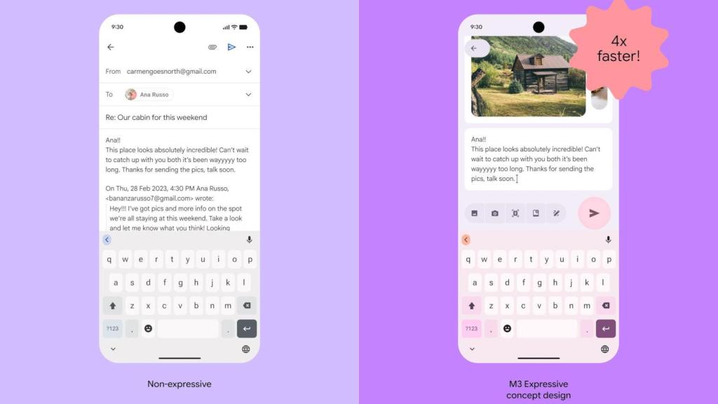 Comparativa de una app creada con Material You (izq) y una con Material 3 Expressive (der)