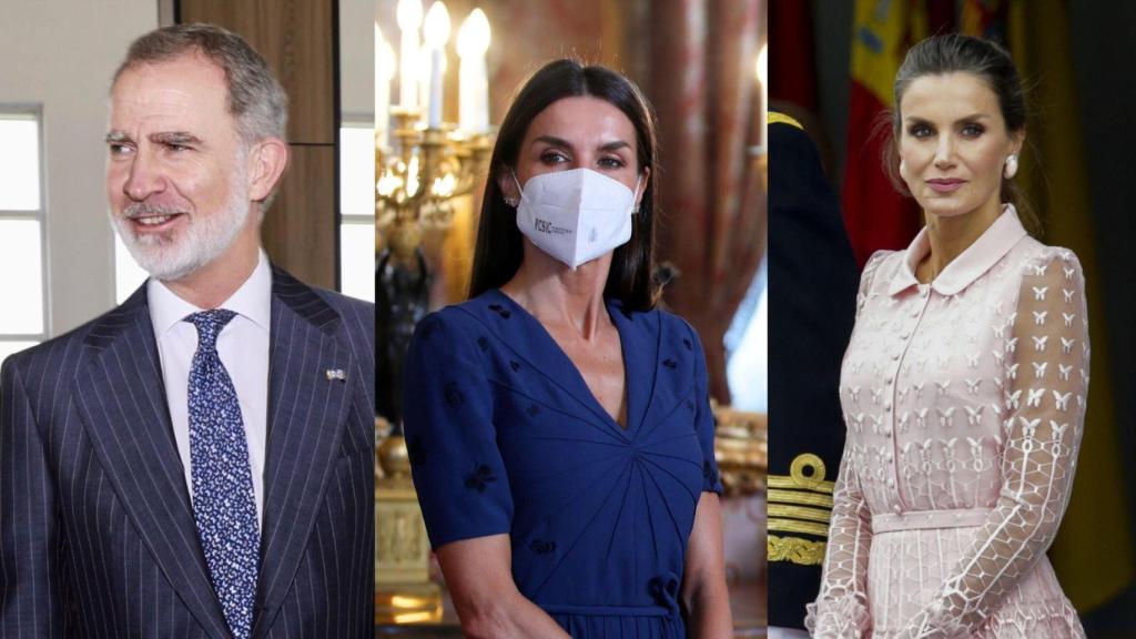 La Reina con dos vestidos con mariposas, como la corbata del monarca.