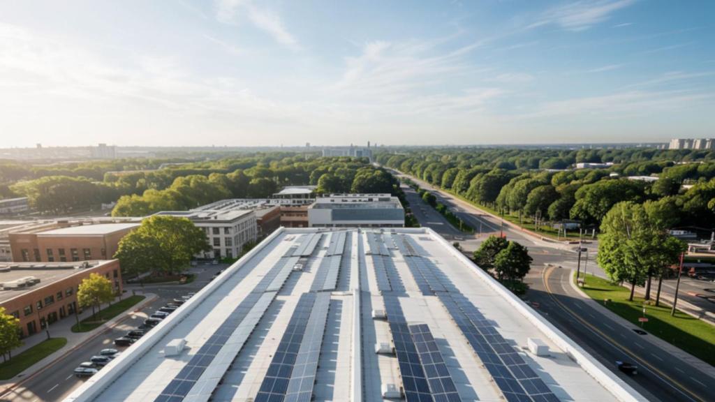 Un tejado con CoolRoof y placas solares