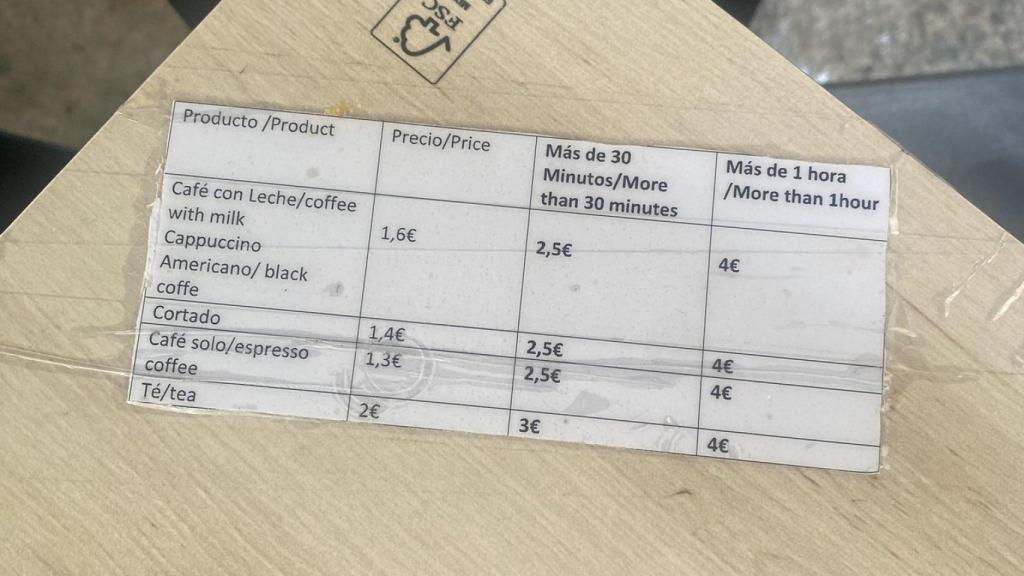 Uno de los carteles que pueden verse en las mesas del bar.