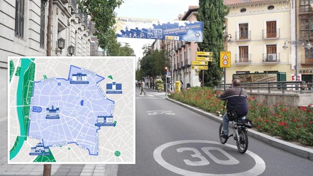 Imagen de archivo de la celebración del Día sin coche en Valladolid (Dos Santos- Ical) y, en el recuadro, los límites de la ZBE de Valladolid