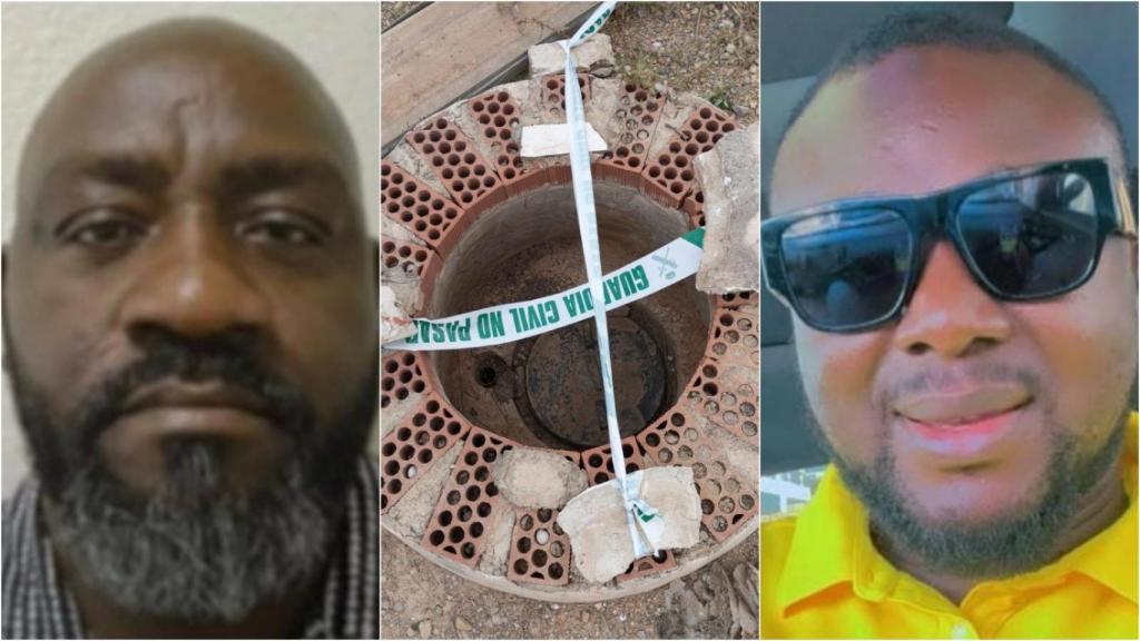 Jean Mirabeau, camerunés de 52 años, y Siaka Coulibaly, Costa de Marfil, de 38 años, junto a uno de los puntos de alcantarillado de Porkytrans en Librilla donde han buscado sus cadáveres.