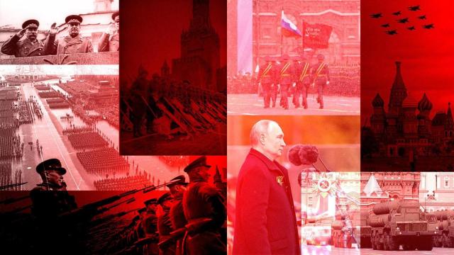 Montaje con imágenes del desfile del Día de la victoria de 1945 y de 2024. Diseño: Rubén Vique