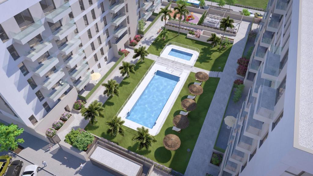 Vista de las zonas comunes de las nuevas viviendas de Galivivienda en Distrito Zeta de Málaga.