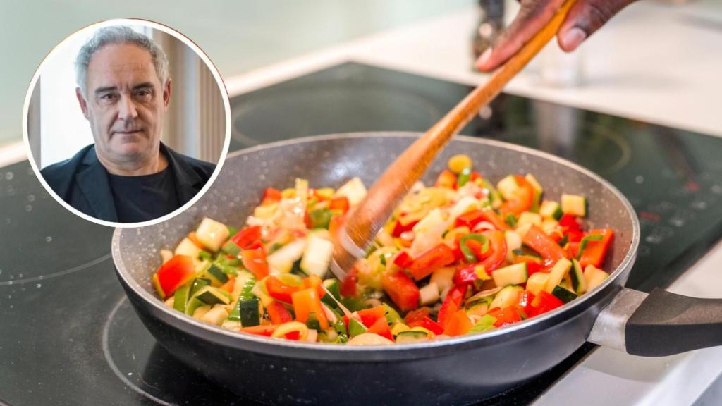 Una persona cocinando un sofrito de verduras y Ferrán Adrià en un montaje de El Español