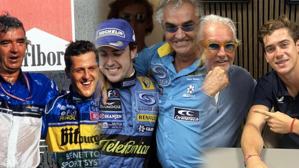 Flavio Briatore con Michael Schumacher, Fernando Alonso y Franco Colapinto