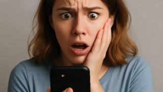 Una mujer preocupada mientras mira el móvil.