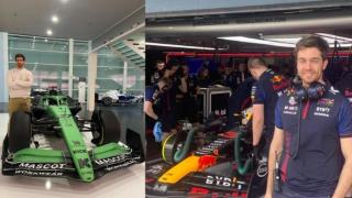 El ingeniero de Fórmula 1, Javier Bermejo, posa a la izquierda con el Sauber con el que trabaja esta temporada, y a la derecha, en su etapa en Red Bull en 2023.