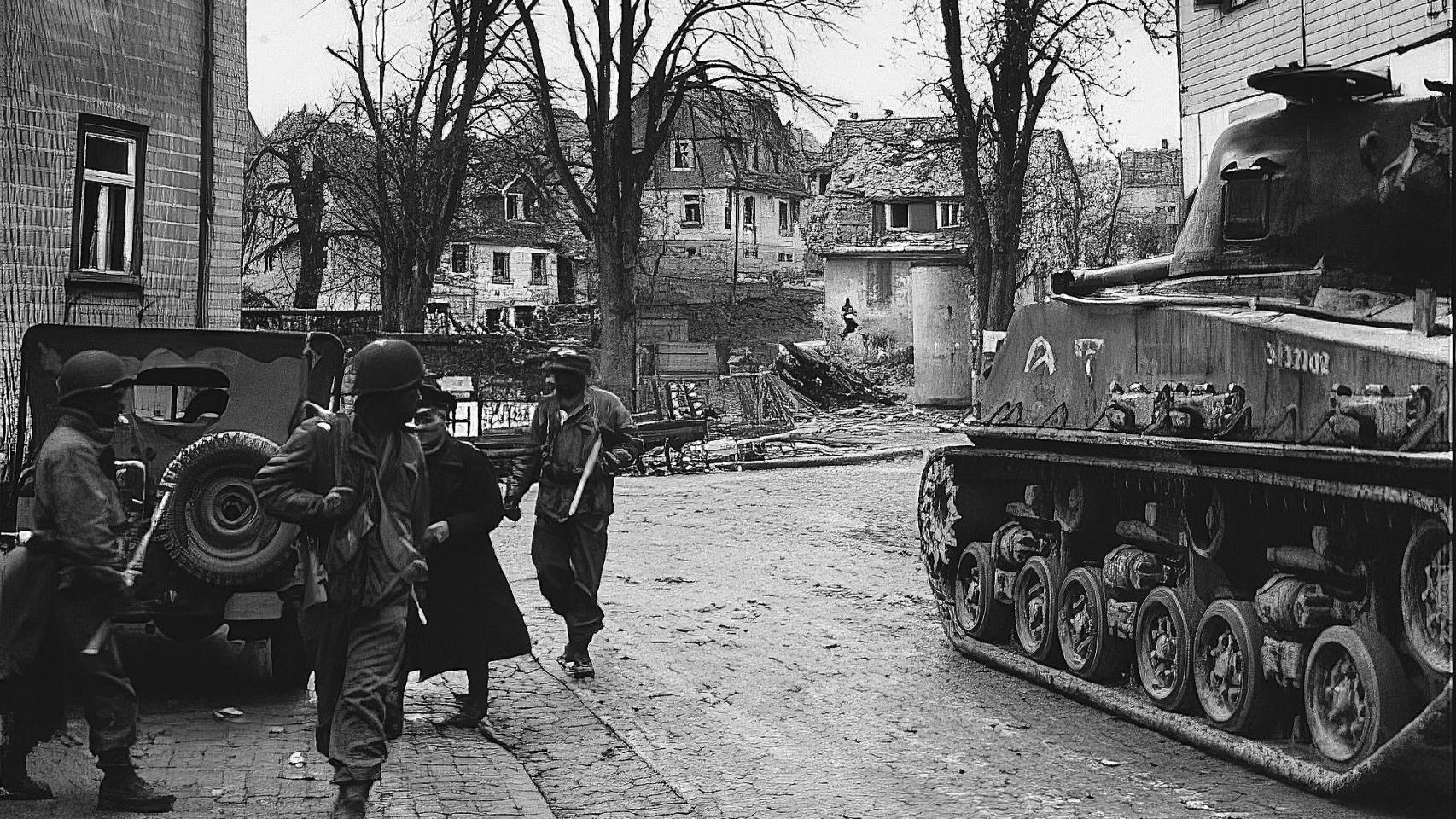 Soldados de a Compañía D del 17.º Batallón de Infantería Acorazada evacúan a civiles alemanes de una ciudad recién capturada.