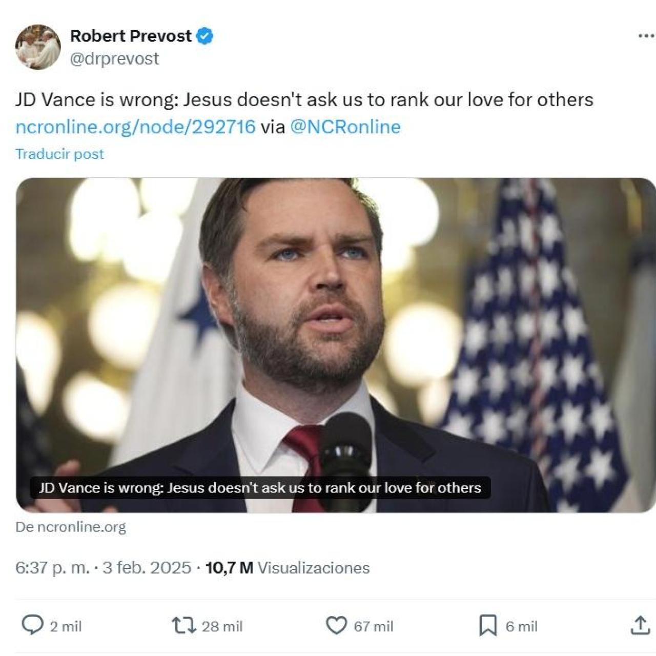 Captura del tuit contra JD Vance.