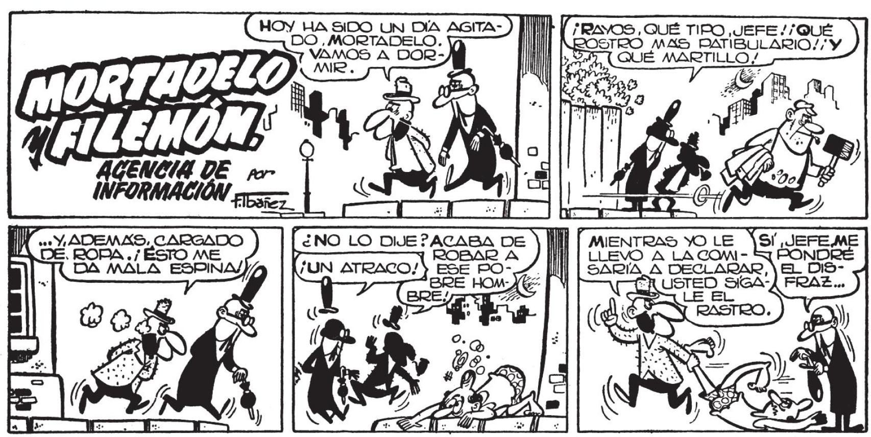 Primeras viñetas de 'Mortadelo y Filemón, agencia de información', publicadas en el n.º 1394 de la revista 'Pulgarcito' (Editorial Bruguera, 20 de enero de 1958)