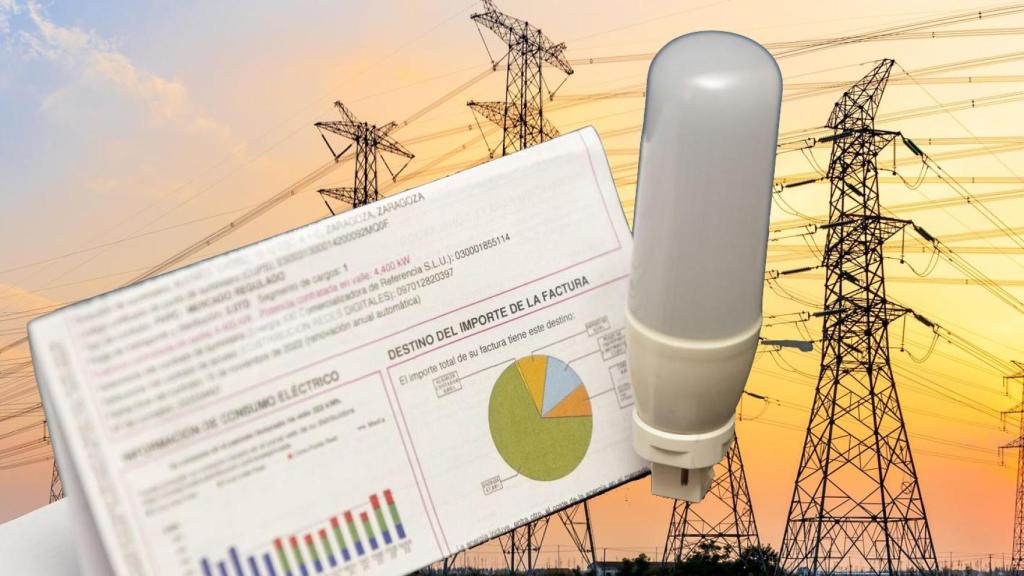 Fotomontaje de una factura de la luz con el fondo de unas redes de alta tensión.