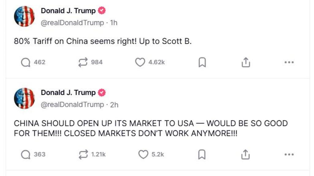 Pantallazo de las dos publicaciones en Truth Social de Trump.