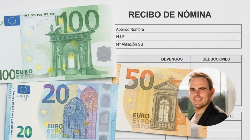 Montaje con una nómina y Rubén de Gracia, asesor financiero.