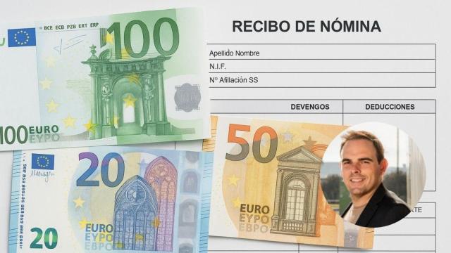 Montaje con una nómina y Rubén de Gracia, asesor financiero.