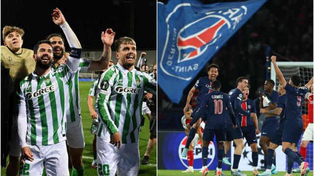 Los jugadores del Betis y del PSG celebran sus respectivas clasificaciones a la final.