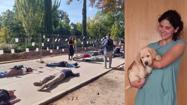 A la derecha, una de las acciones en El Retiro por la muerte de Wisper. A la izquierda, María Gironza con Wisper de cachorro.