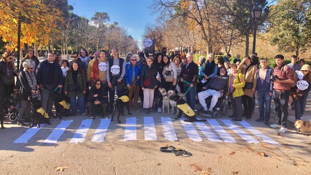 Una de las acciones en las que miembros de la Fundación ONCE junto con María Gironza y otras personas hicieron una marcha por El Retiro con correas y carteles para protestar por la muerte de Wisper.