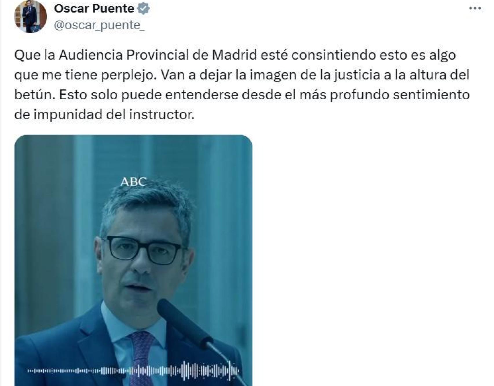 El mensaje publicado este sábado por el ministro Óscar Puente en su perfil de la red social X.