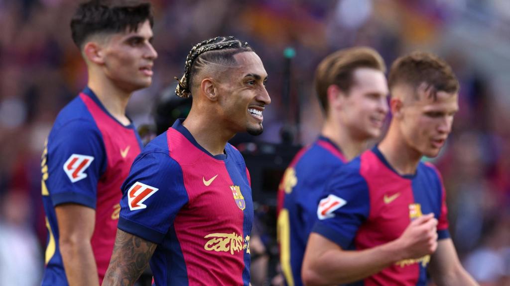 Los jugadores del Barça tras el cuarto gol al Real Madrid