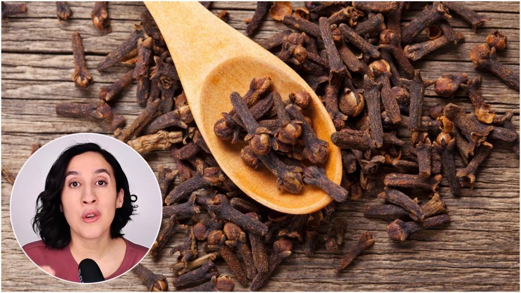 Montaje que muestra a la nutricionista Karla Ximena junto a una imagen de clavo de olor.