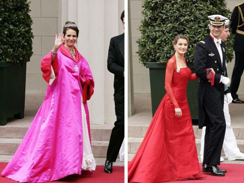 Letizia, del brazo de Felipe, y Elena de Borbón, a su llegada al enlace de Mary de Dinamarca.