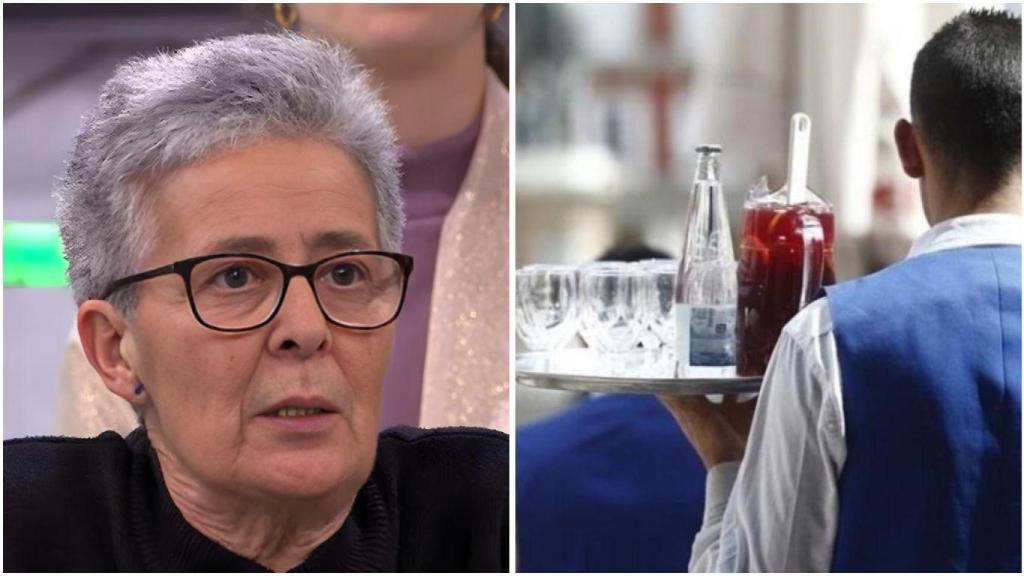 Montaje de María del Mar Jiménez, camarera, durante su intervención en televisión.