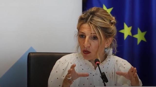 Yolanda Díaz este martes durante su intervención en Bruselas.