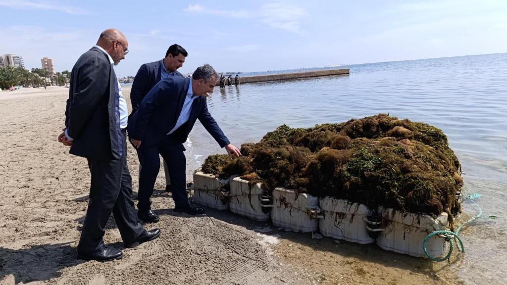 El consejero de Medio Ambiente de la Región de Murcia, Juan María Vázquez (d); el alclade de San Javier, José Miguel Luengo; y el director general del Mar Menor, Víctor Serrano (i), asisten a una jornada de recogida de biomasa en la laguna salada.