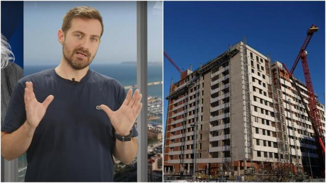 El experto inmobiliario Pascual Aliño y un bloque de pisos en construcción en Madrid.
