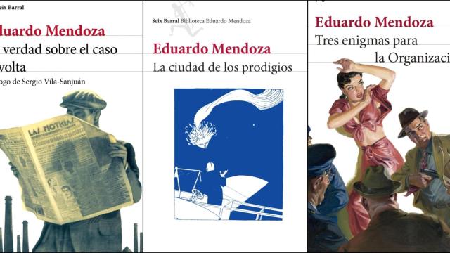 Portadas de 'La verdad sobre el caso Savolta', 'La ciudad de los prodigios' y 'Tres enigmas para la organización'.