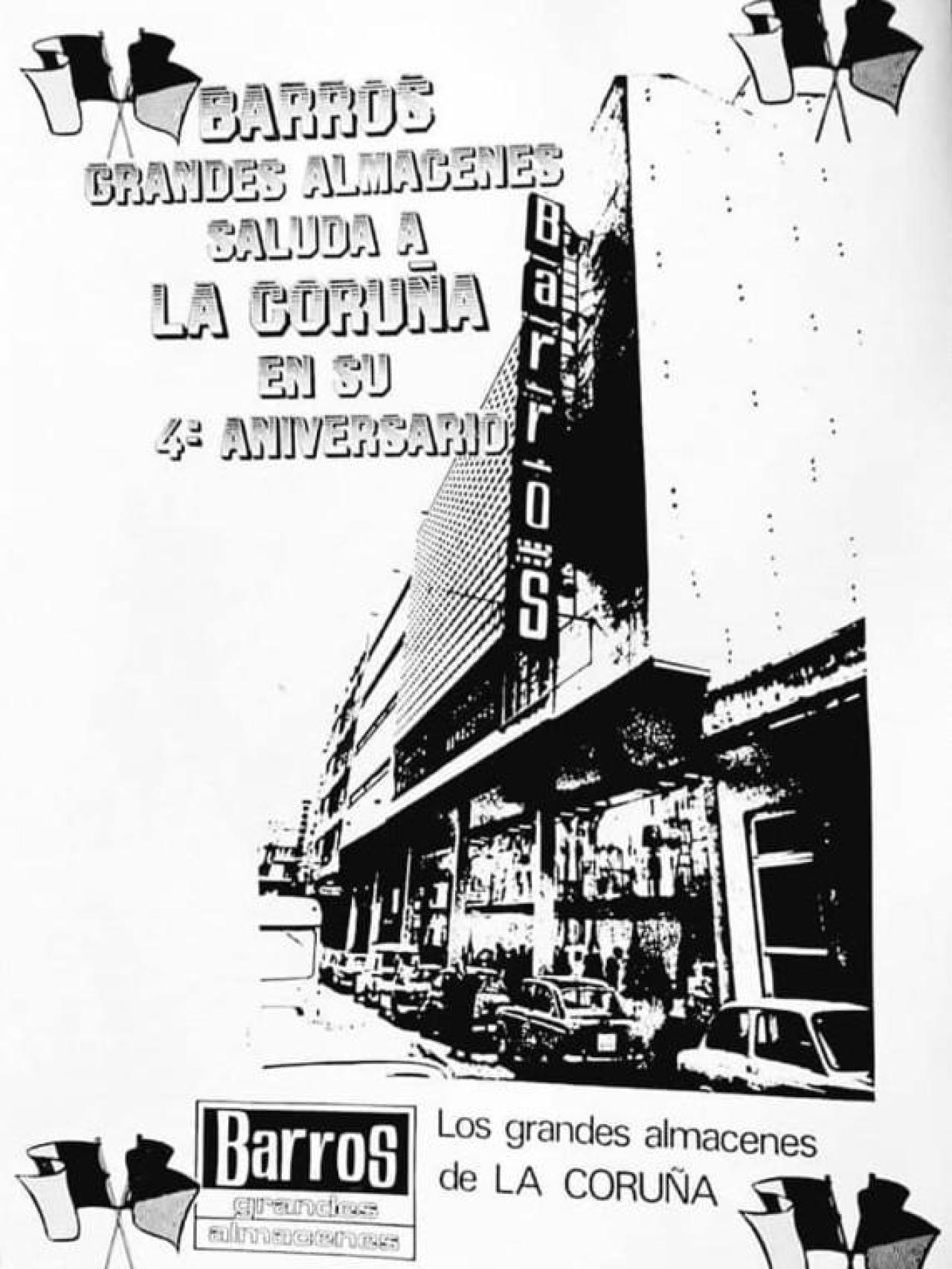 Cartel del cuarto aniversario de los grandes almacenes Barros, a comienzos de los años setenta.