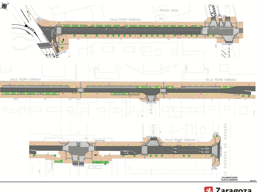 Plano de la reforma que se llevará a cabo en la calle de Pedro Cerbuna, en Zaragoza.