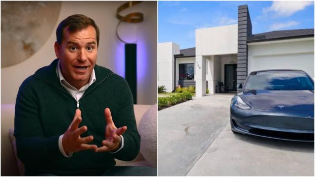 El experto inmobiliario Pau Antó junto a un coche de lujo y un chalé.