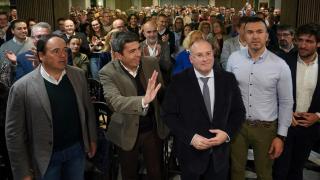 Carlos Mazón, junto a Juanfran Pérez Llorca, Vicente Mompó y el portavoz del PP en el Congreso, Miguel Tellado. Eduardo Manzana / Europa Press