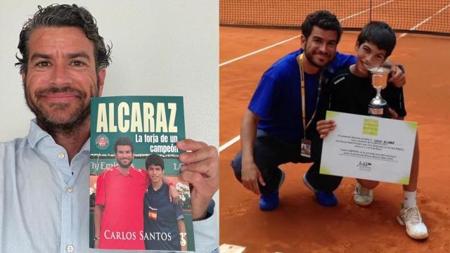 El entrenador de tenis, Carlos Santos, muestra su nuevo libro: 'Alcaraz: La forja de un campeón'; y a la derecha, posa con un pequeño Carlitos en el Mutua Madrid Open.