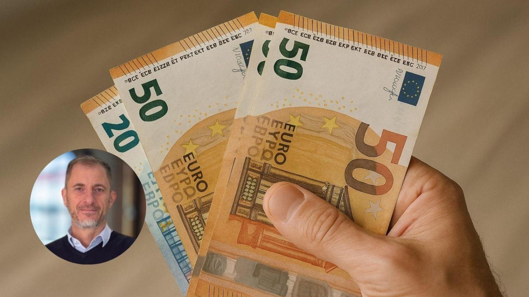 Montaje con euros y Jordi Mestres, asesor financiero.