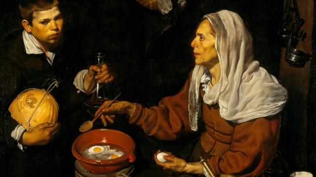 'Vieja friendo huevos' (detalle), 1618, es una obra de juventud de Diego Velázquez. Galería Nacional de Escocia
