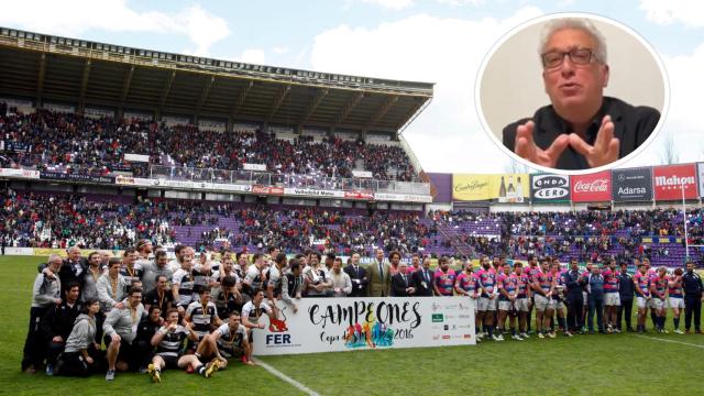 Imagen de la final de la Copa del Rey de rugby en 2016 (Foto: Miriam Chacón - Ical) y, en el círculo, Leo Harlem