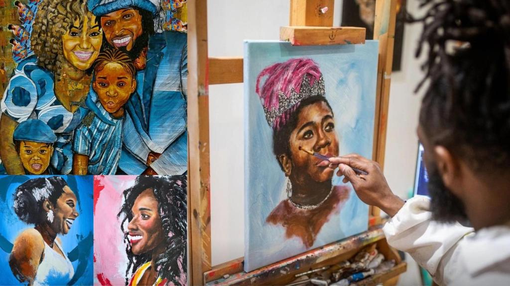 A la izquierda, retratos de la familia de Omari Maynard y dos de las decenas de madres a las que ha pintado desde 2019; a la derecha, el artista en su estudio.