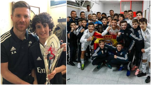 Xabi Alonso, junto a Jacobo Ramón y la plantilla del Infantil A del Real Madrid que dirigió en la 2018/19