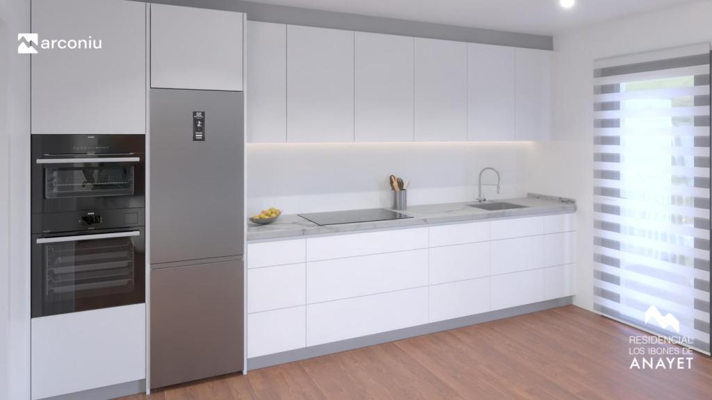 Recreación de una cocina de la promoción de viviendas Ibones de Anayet en Villanueva de Gállego