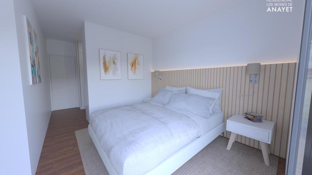 Recreación del dormitorio principal de la promoción de viviendas Ibones de Anayet en Villanueva de Gállego