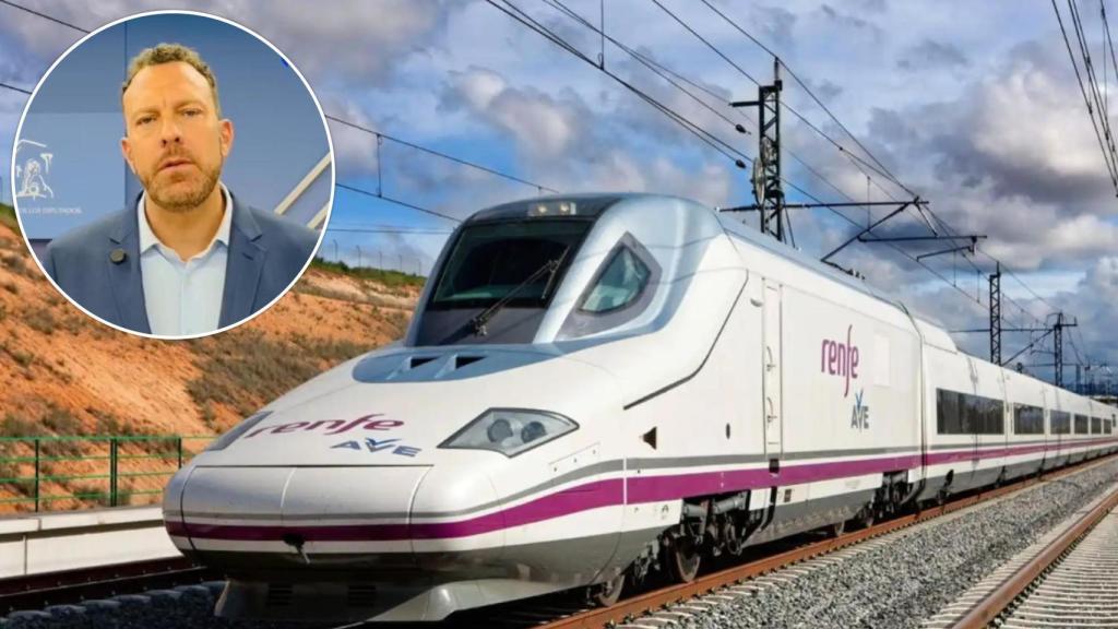 Un tren de Renfe junto a una imagen del diputado del PP y portavoz de la Comisión de Transportes y Movilidad Sostenible, Héctor Palencia